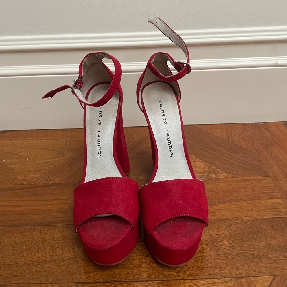 Chinese Laundry red suede platform heels